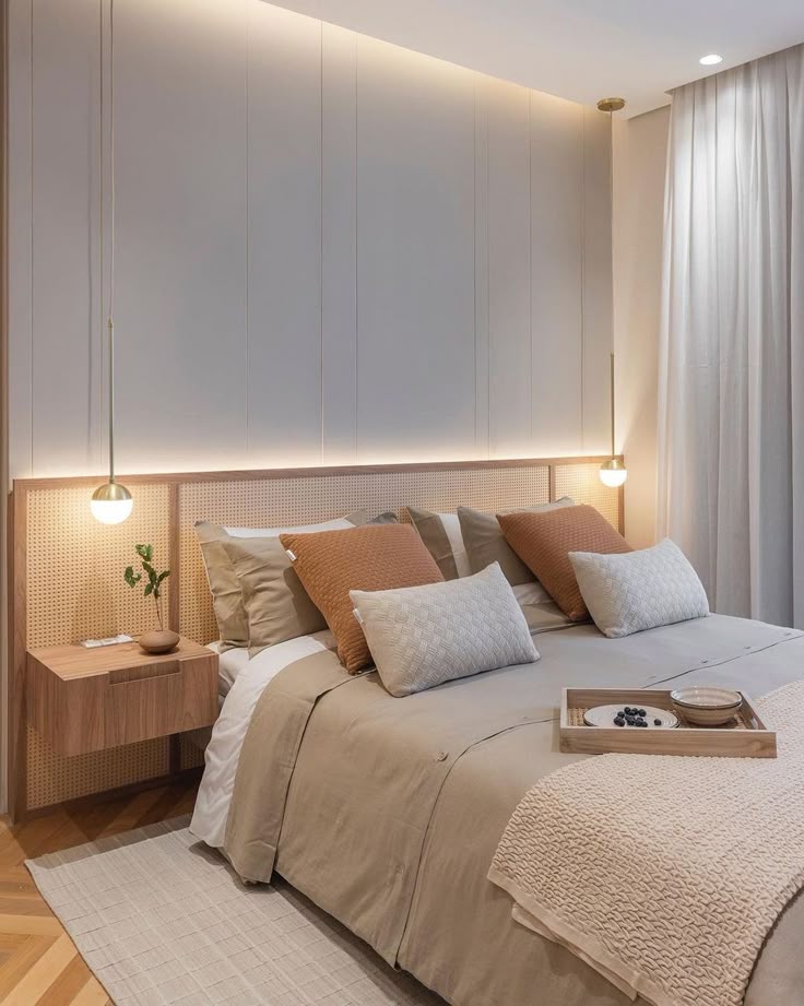 Decoração quarto de casal com materiais naturais.