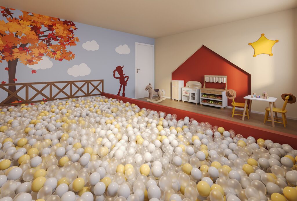Brinquedoteca com decoração lúdica.
