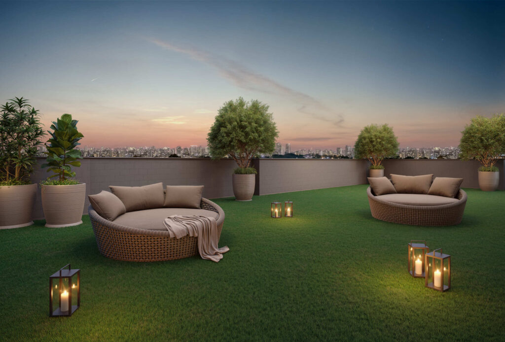 Lounge gramado localizado no rooftop.