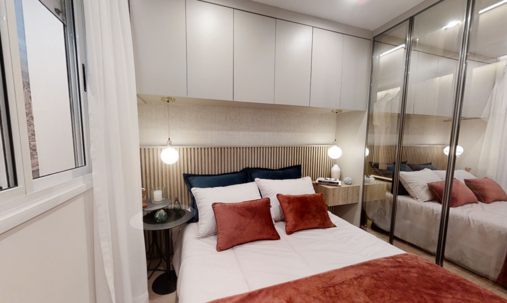 Quarto de casal do decorado do Vivaz Prime Vila Maria.