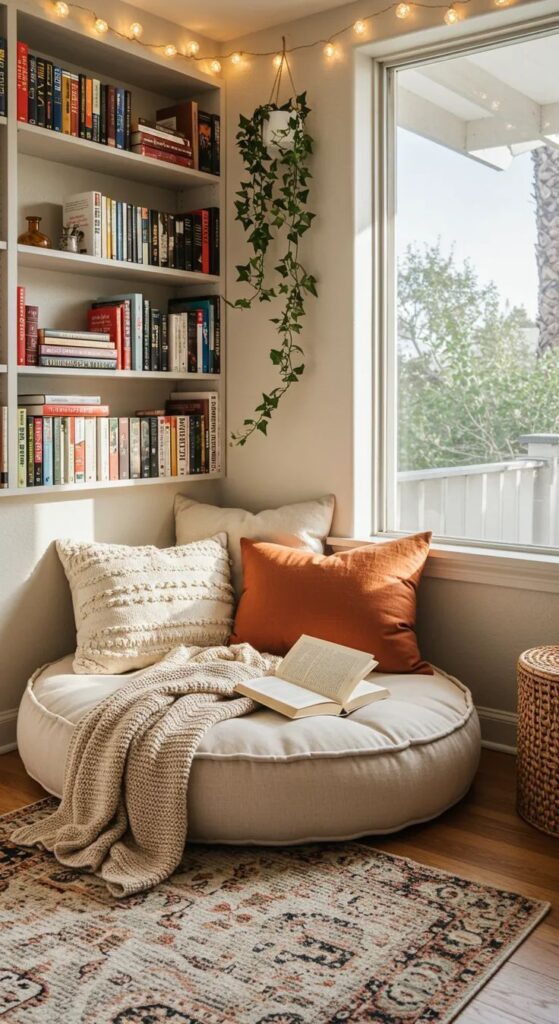 Chaise estofada e prateleiras com livros.
