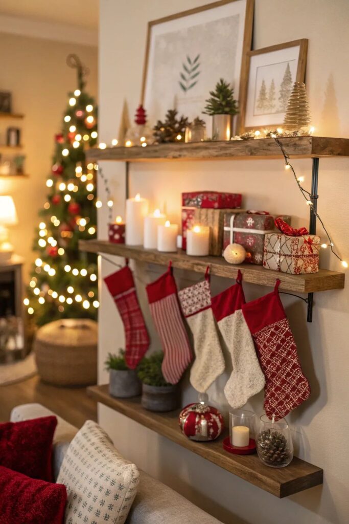 Prateleiras usadas para decorar apartamento para o Natal.