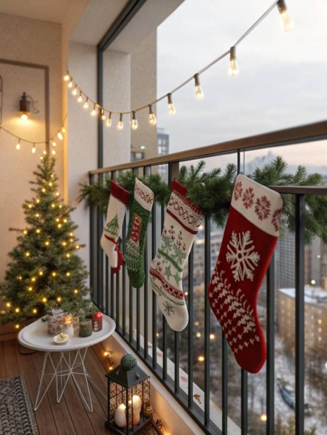 Pisca-piscas na varanda para decorar apartamento para o Natal.
