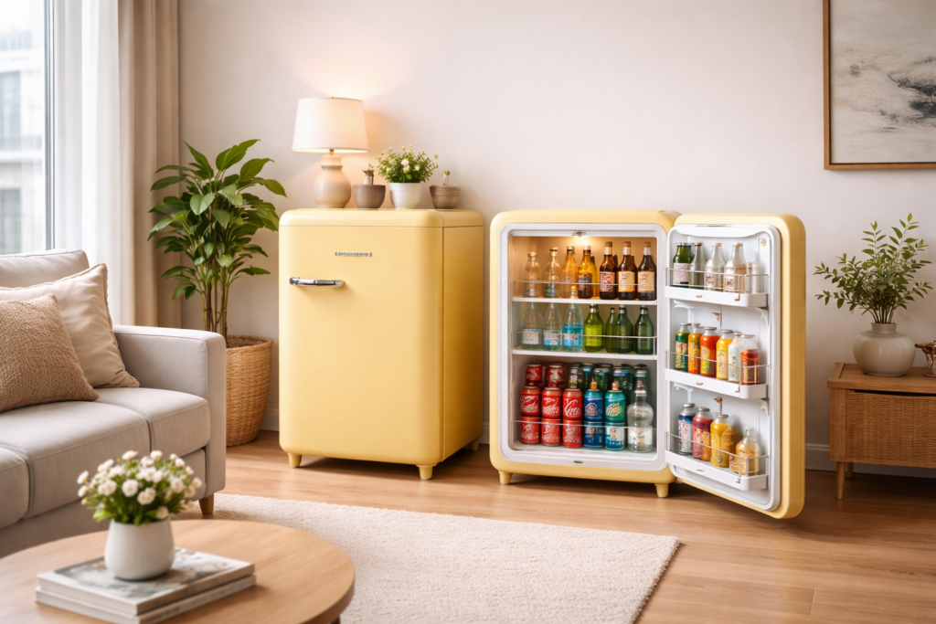 Um frigobar pode servir como mini bar e peça de decoração, acrescentando um charme a mais no ambiente.
