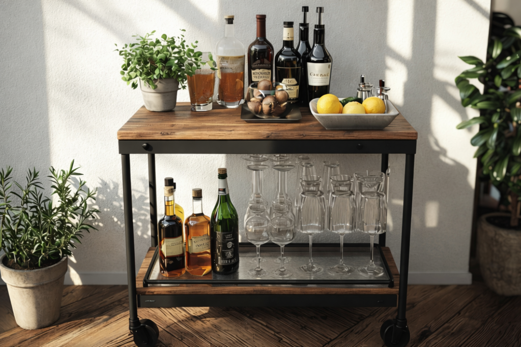 Um carrinho de bebidas é uma ideia simples, charmosa e mais acessível. Pode ser usado como barzinho para sala pequena, enriquecendo o ambiente e transportado para outros lugares da casa.