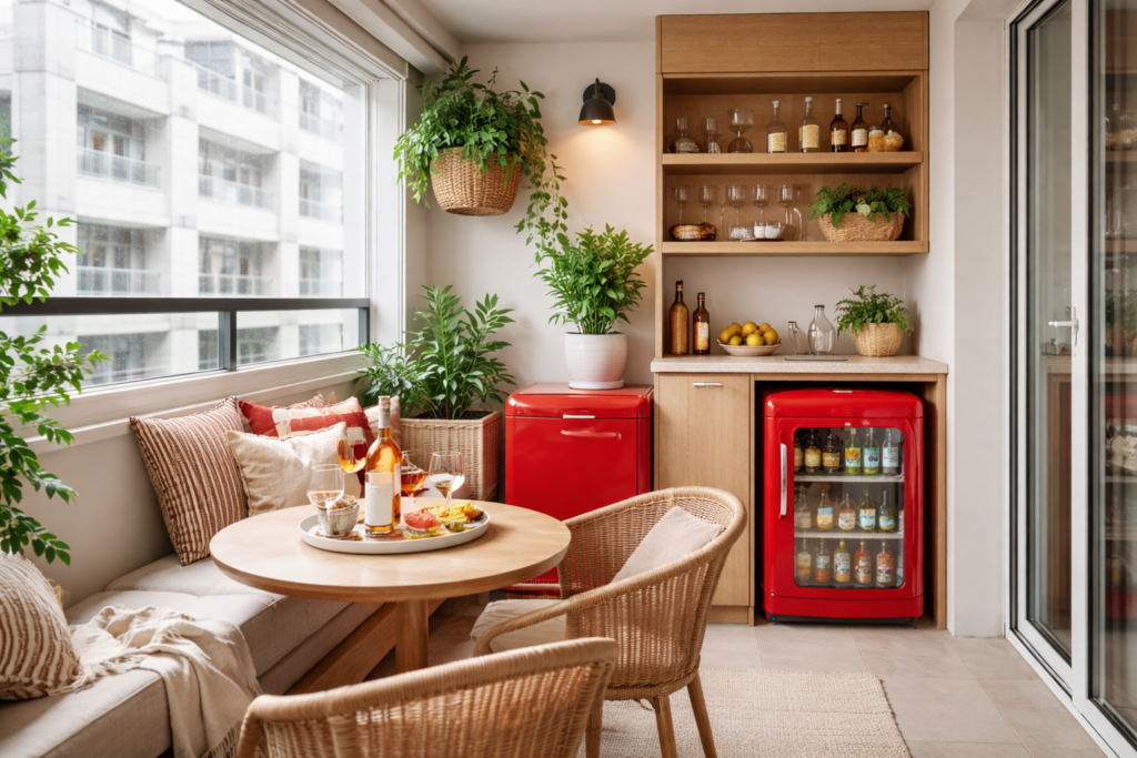 Uma simples varanda pode se transformar em uma área gourmet com frigobar transformado em mini bar. As cores também podem enriquecer o ambiente.
