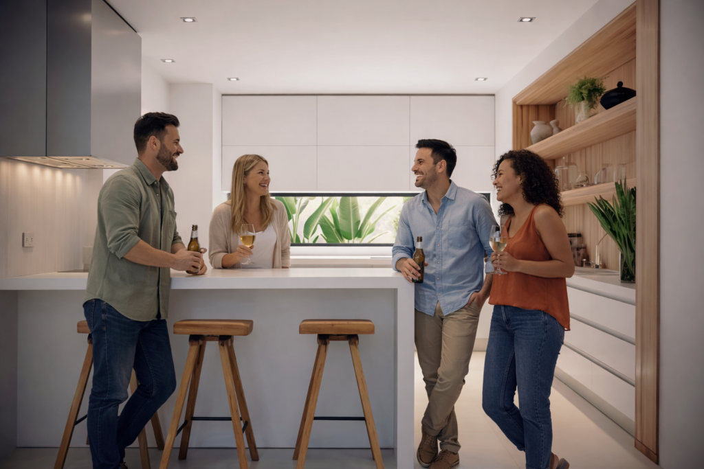 A sala e cozinha integrada facilitam o dia a dia e a integração entre pessoas em um mesmo ambiente, sem atrapalhar as atividades.
