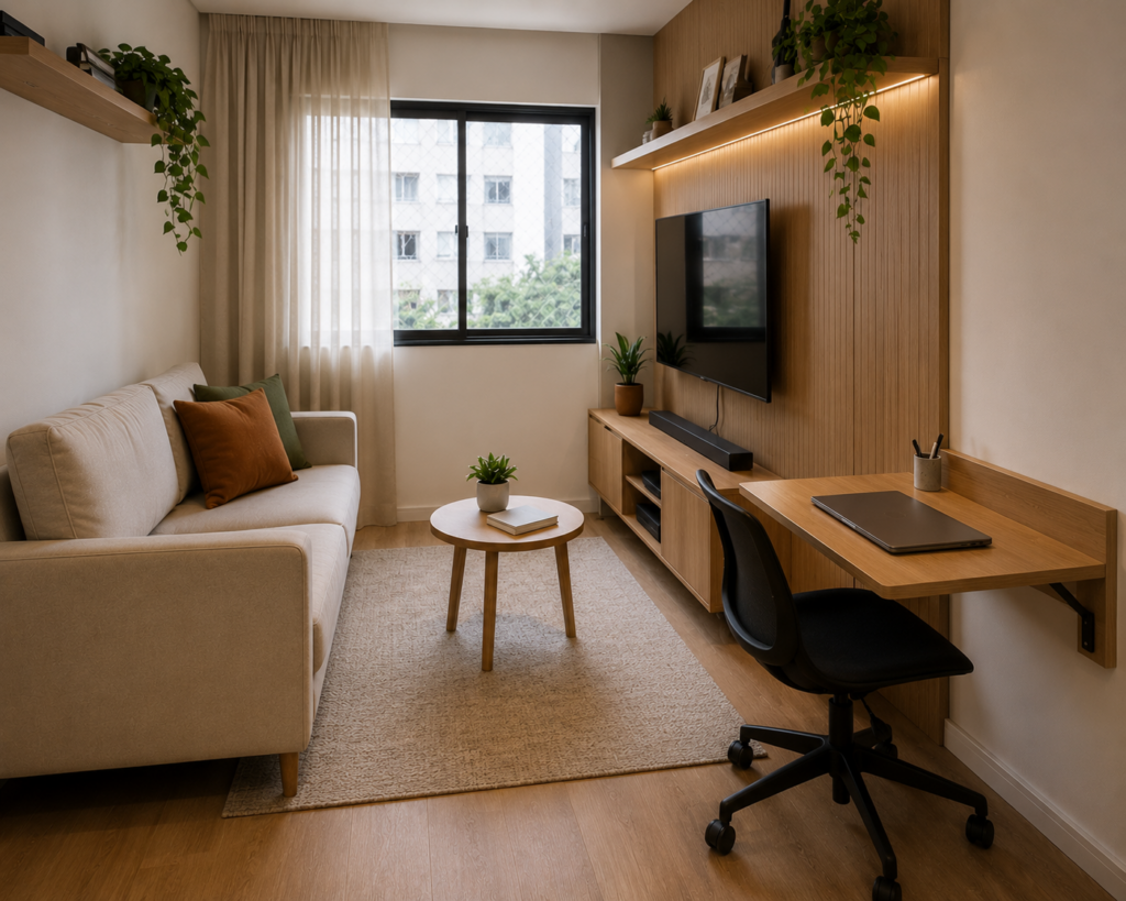 Uma arrumação simples, com móveis funcionais, como a mesa retrátil, podem ajudar muito na decoração de casa.