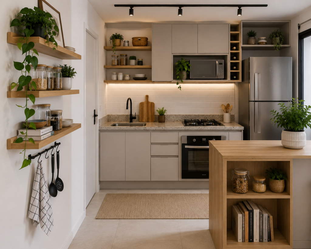 Nichos e prateleiras verticais ajudam a otimizar espaços além de deixar a decoração de casa mais bonita.