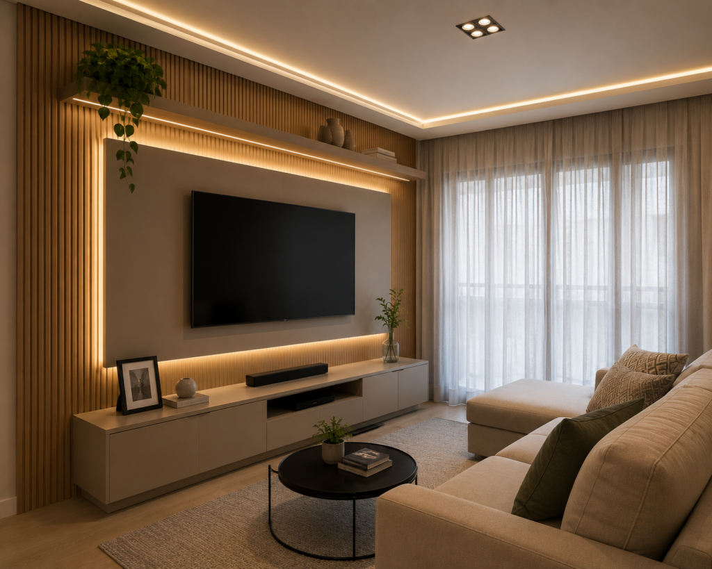 Exemplo de iluminação indireta, feita através de fitas de LED atrás do painel de TV, oferecendo destaque e sofisticação ao móvel.