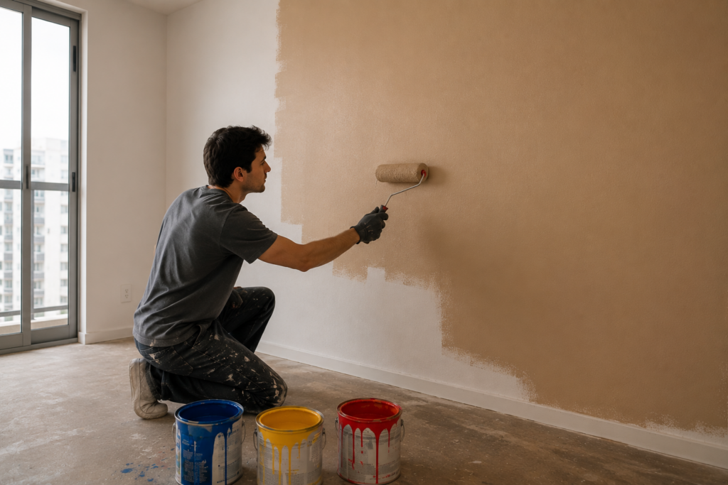 A mistura das três cores primárias azul, amarelo e vermelho em cores para sala