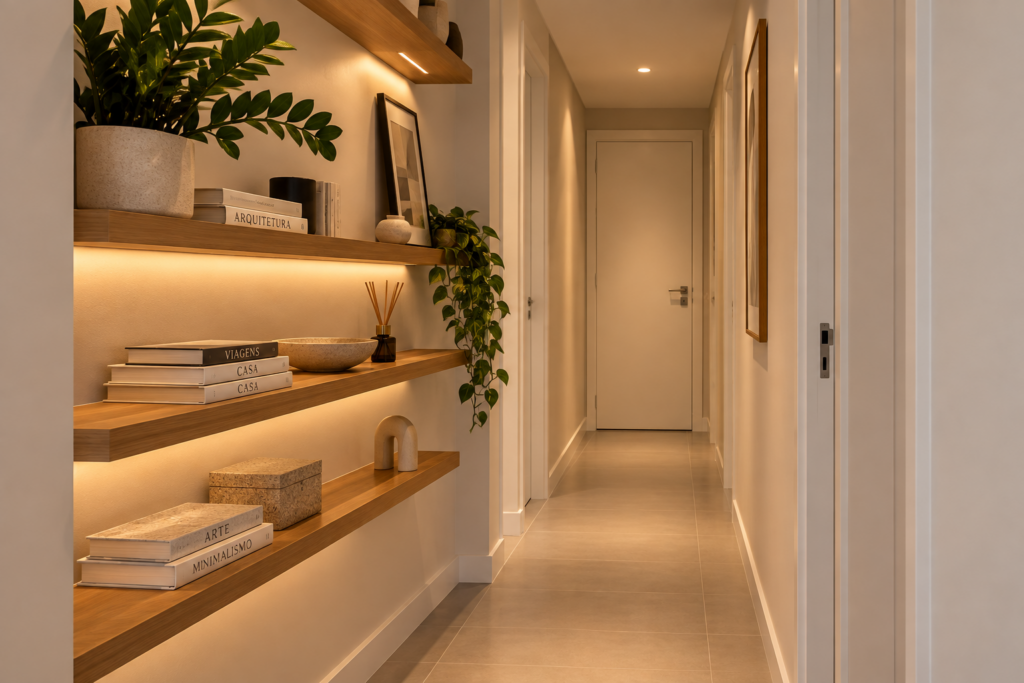 corredor-estreito-decorado-prateleiras-chao-livre